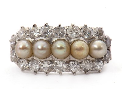 Lot 19 - A cultured pearl and diamond ring, the five...