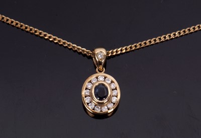 Lot 114 - A 9ct sapphire and diamond pendant necklace,...