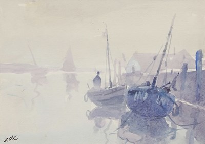 Lot 742 - Jack Cox (1914-2007), Moored boats in harbour,...