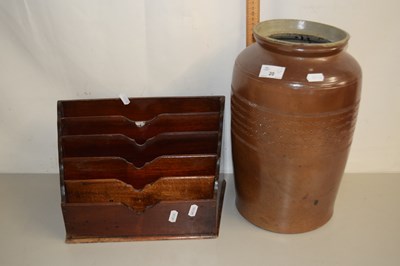 Lot 20 - A stone ware jar and a hardwood letter rack