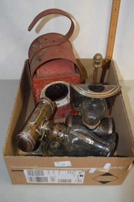Lot 21 - Box of vintage red painted warning lantern and...