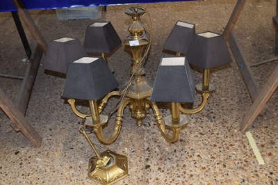 Lot 251 - Brass six branch light fitting with black shades