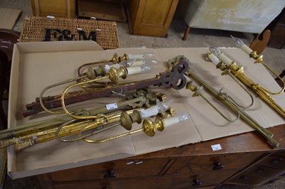 Lot 420 - A set of six gilt wood effect two light wall...