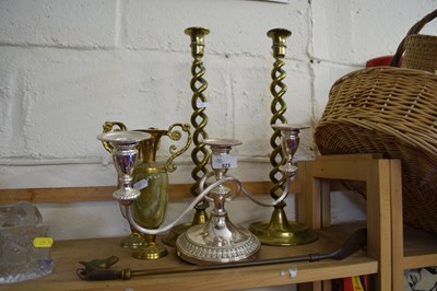 Lot 523 - A pair of brass barley twist candlesticks,...