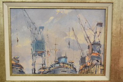 Lot 209 - AR Peter Gillman, (1928-1984), Dockyard, oil...