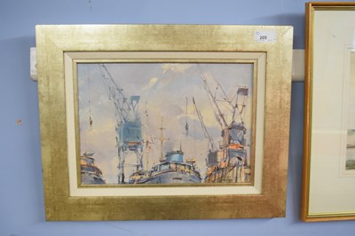 Lot 209 - AR Peter Gillman, (1928-1984), Dockyard, oil...