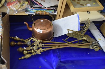 Lot 590 - Copper kettle, brass fire tools and a brass...