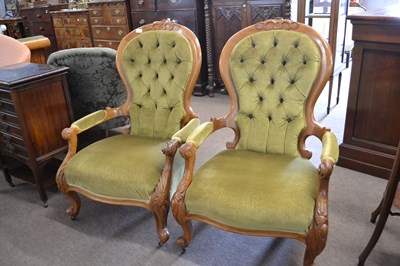 Lot 411 - A pair of Victorian walnut framed and green...