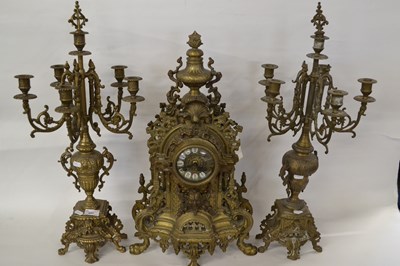 Lot 441 - A large 20th Century brass clock garniture...