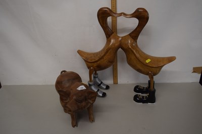 Lot 130 - A pair of wooden model ducks and a wooden pig