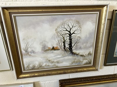 Lot 272 - Kevin Curtis, winter scene with farm buildings,...