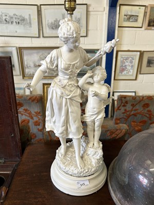 Lot 315 - White painted Spelter table lamp with figural...