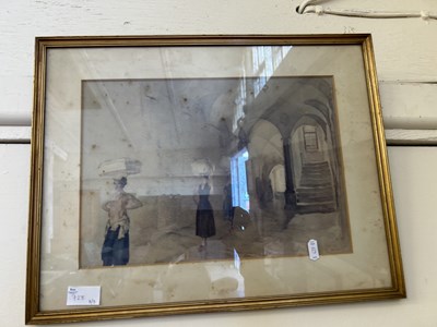 Lot 728 - Framed watercolour, ladies carrying packages