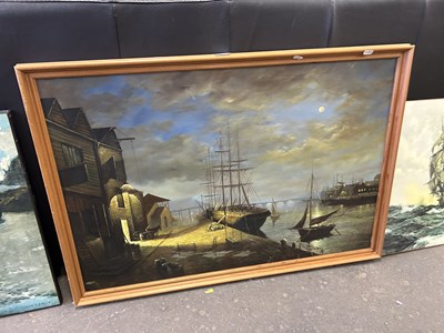 Lot 816 - Modern oil on canvas, ships at harbour