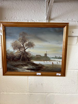 Lot 757 - Oil on board, continentaly ice skating scene,...