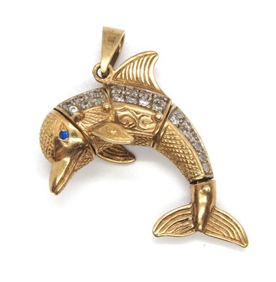 Lot 165 - A dolphin pendant, set with blue and white...