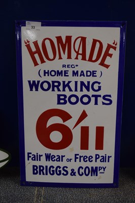 Lot 33 - Home Made Working Boots, enamel sign, 46cm high