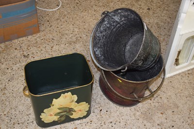 Lot 279 - Two painted coal buckets together with a...