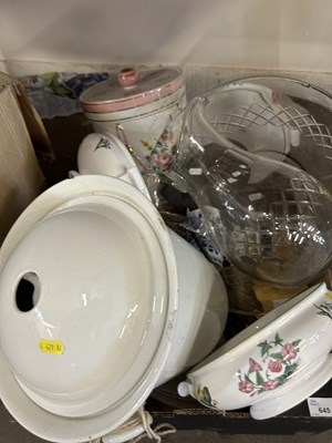 Lot 645 - Box of various mixed ceramics, glass jug and...