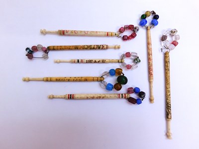 Lot 165 - Seven lace bobbins, all bone, with...