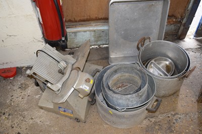 Lot 1055 - Meat slicer together with some aluminium pots...