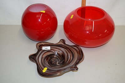 Lot 168 - Two red Art Glass vases together with a...