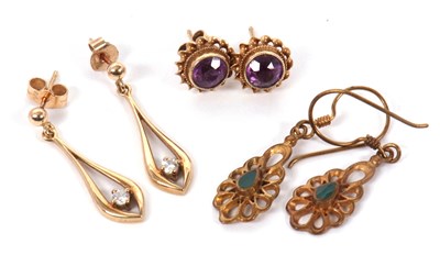 Lot 182 - Two pairs of 9ct earrings and another: to...