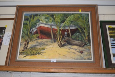 Lot 244 - Boat on a tropical shore, oil on canvas, framed