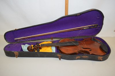 Lot 46 - Violin and bow, cased (a/f)