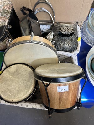 Lot 618 - Mixed Lot: Tambourine, two drums, metal ware...