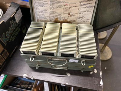 Lot 629 - Two metal storage boxes, various slides