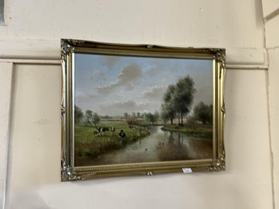 Lot 704 - Framed oil on board man fishing in landscape,...