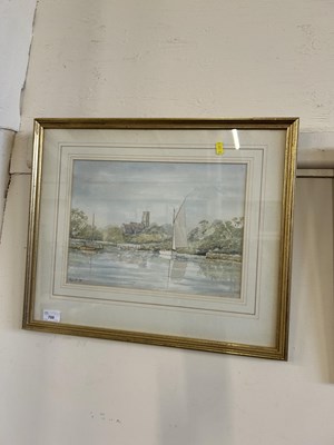 Lot 708 - Framed watercolour, Ranworth Church with boats,...