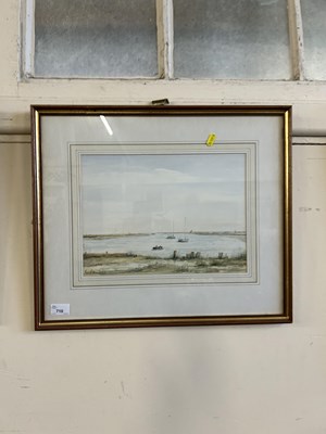 Lot 710 - Framed watercolour, boats in a coastal inlet,...