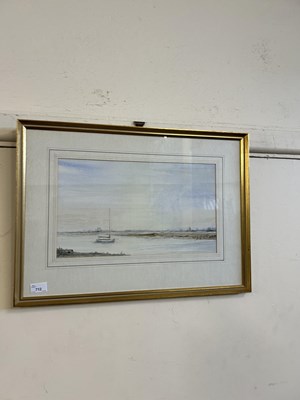 Lot 712 - Framed watercolour, river scene with boats,...