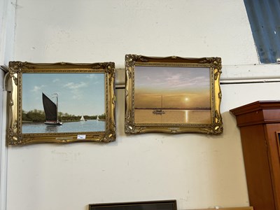 Lot 726 - Two framed oil on board Broads/boating scenes,...