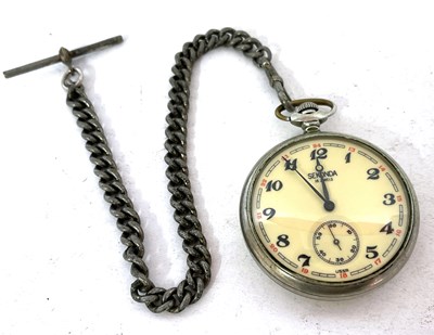 Lot 247 - A metal Sekonda pocket watch with chain, the...