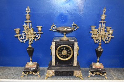 Lot 49 - French black slate and marble clock garniture