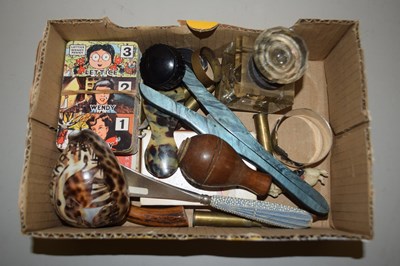 Lot 100 - Box of vintage items to include shoe horn,...