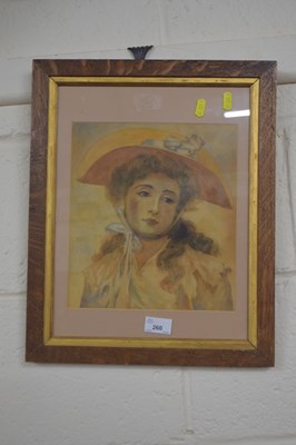 Lot 260 - Watercolour portrait of a young lady in a hat,...