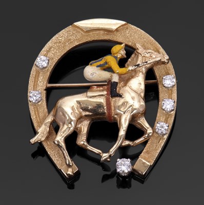 Lot 456 - A 14K diamond and enamel jockey and horseshoe...