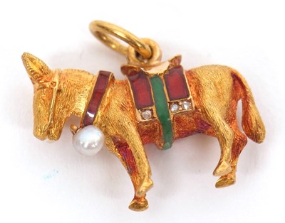 Lot 222 - An enamel and diamond donkey pendant, the...