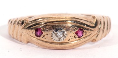 Lot 7 - 9ct gold diamond and ruby boat shaped ring...