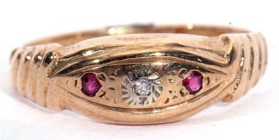 Lot 7 - 9ct gold diamond and ruby boat shaped ring...