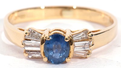 Lot 9 - Modern 18ct gold sapphire and diamond ring,...