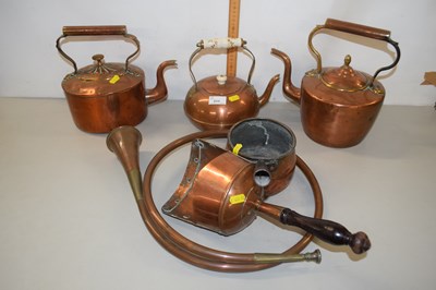 Lot 211 - Mixed Lot: Three copper kettles, a French horn...