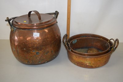 Lot 221 - Copper cauldron together with two further...