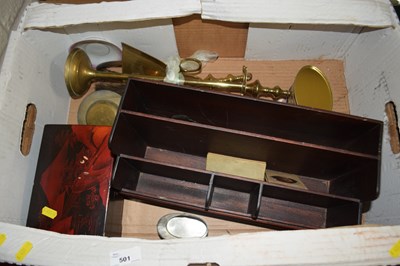 Lot 501 - Letter rack, jewellery box and brass fire irons