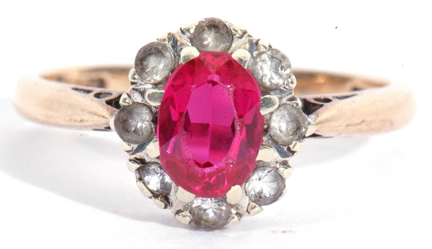 Lot 58 - Red and white stone cluster ring, stamped 9ct,...