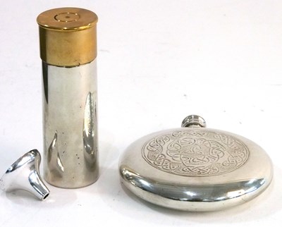 Lot 32 - Two Hipflasks, one pewter example modeled as a...